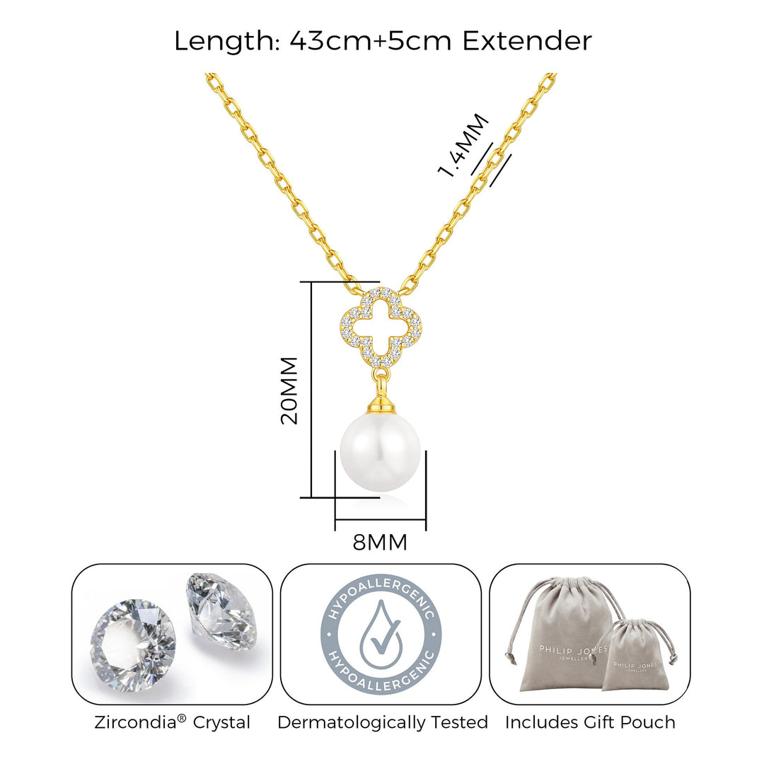 18k Gold Plated Clover Pearl Drop Necklace Created with Zircondia® Crystals - Philip Jones Jewellery