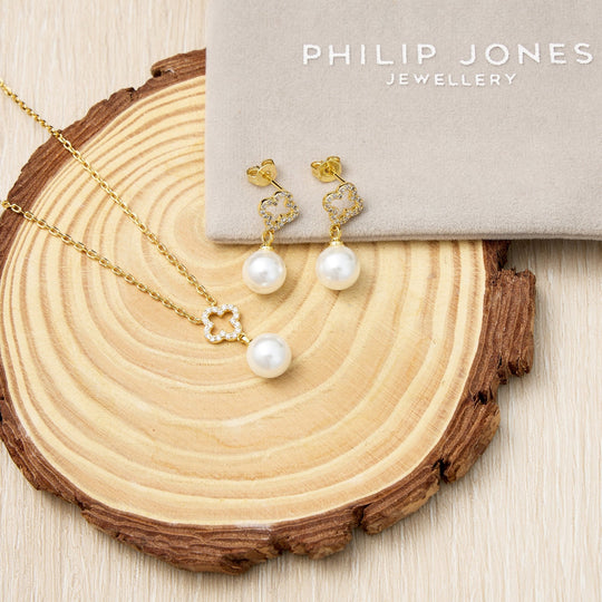 18k Gold Plated Clover Pearl Drop Set Created with Zircondia® Crystals