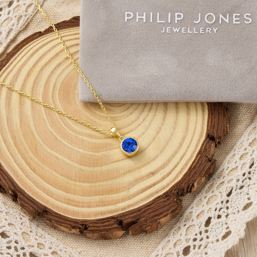 18k Gold Plated Dark Blue Crystal Necklace Created with Zircondia® Crystals - Philip Jones Jewellery