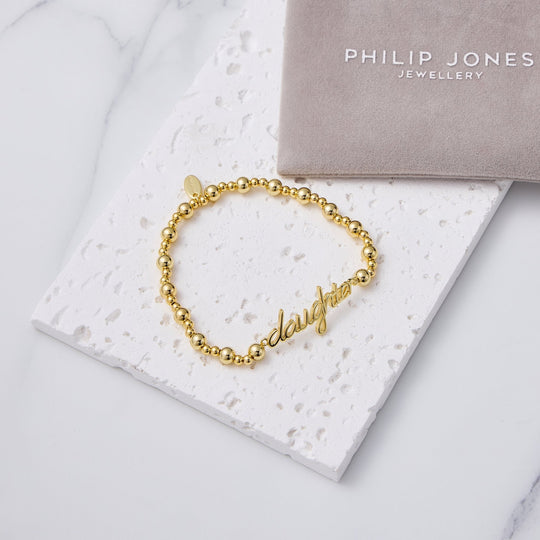 18k Gold Plated Daughter Beaded Stretch Bracelet - Philip Jones Jewellery