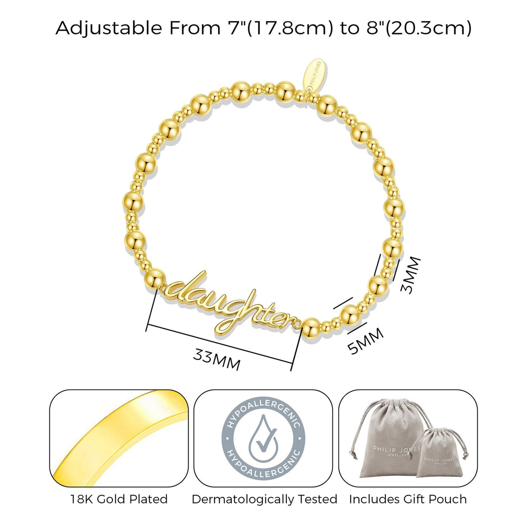 18k Gold Plated Daughter Beaded Stretch Bracelet - Philip Jones Jewellery
