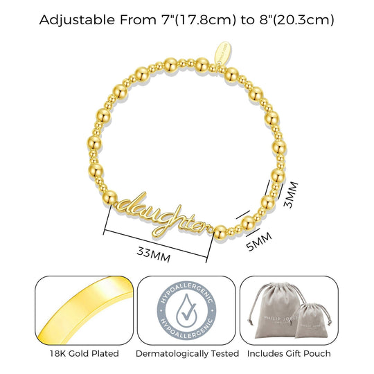 18k Gold Plated Daughter Beaded Stretch Bracelet - Philip Jones Jewellery