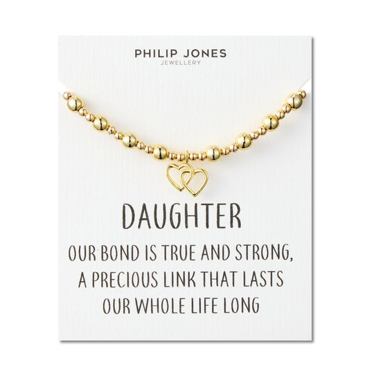 18k Gold Plated Daughter Heart Link Beaded Stretch Bracelet with Quote Card