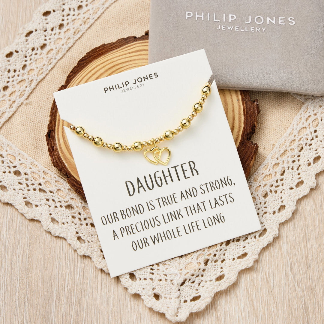 18k Gold Plated Daughter Heart Link Beaded Stretch Bracelet with Quote Card