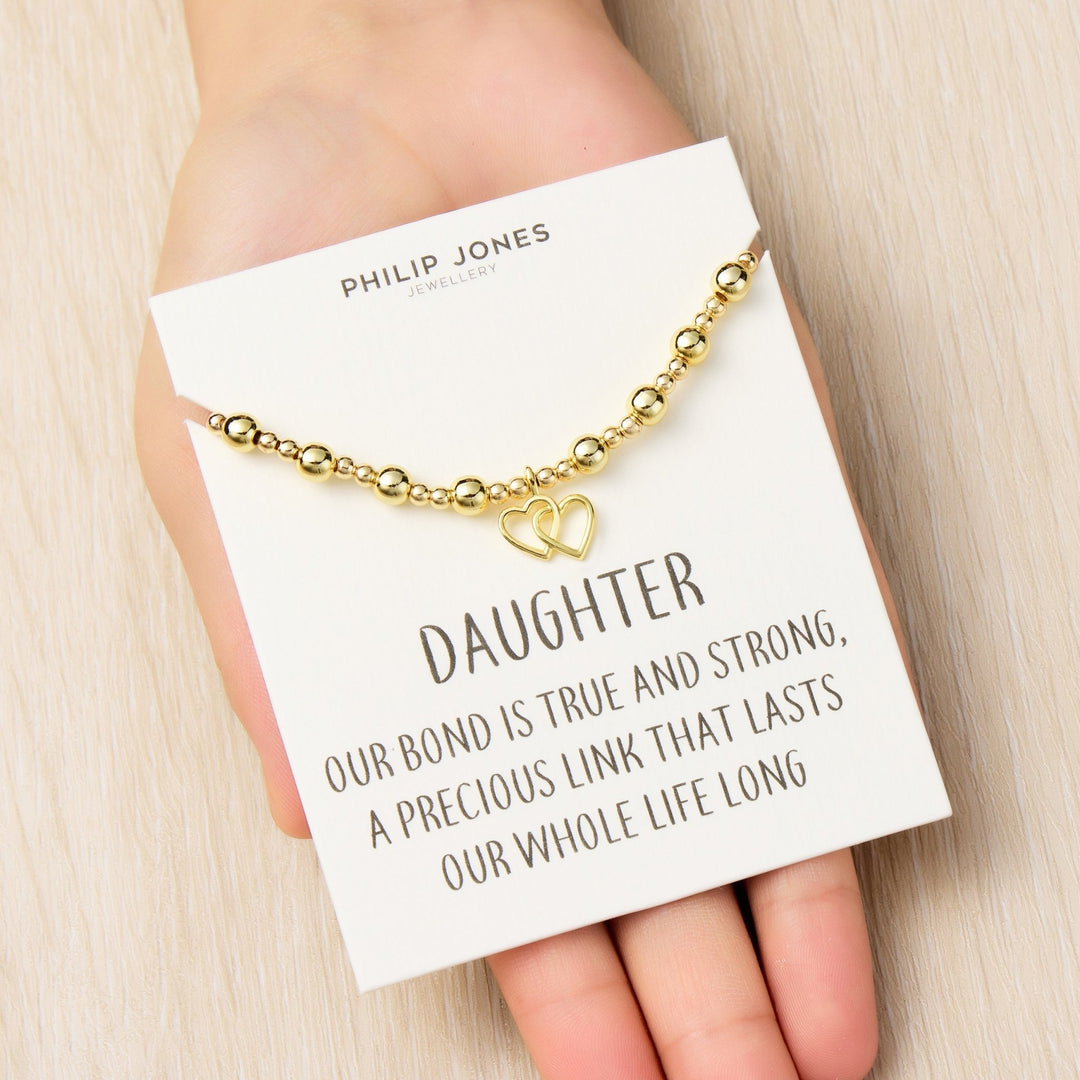 18k Gold Plated Daughter Heart Link Beaded Stretch Bracelet with Quote Card