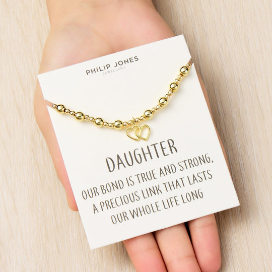 18k Gold Plated Daughter Heart Link Beaded Stretch Bracelet with Quote Card