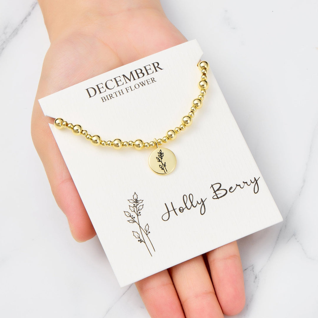 18k Gold Plated December Birth Flower Holly Berry Beaded Stretch Bracelet with Card