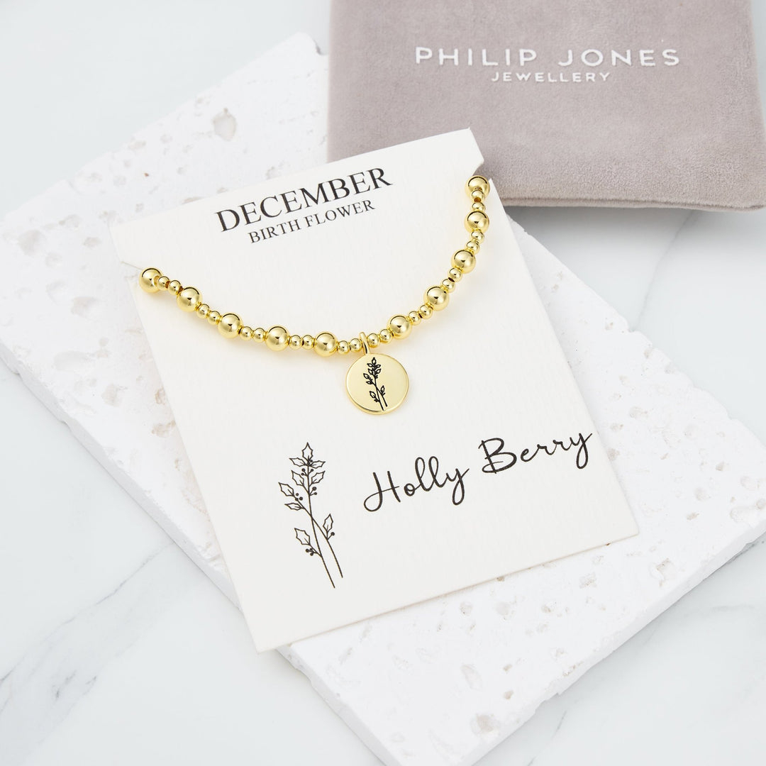 18k Gold Plated December Birth Flower Holly Berry Beaded Stretch Bracelet with Card