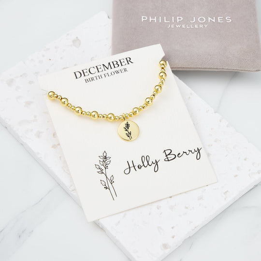 18k Gold Plated December Birth Flower Holly Berry Beaded Stretch Bracelet with Card