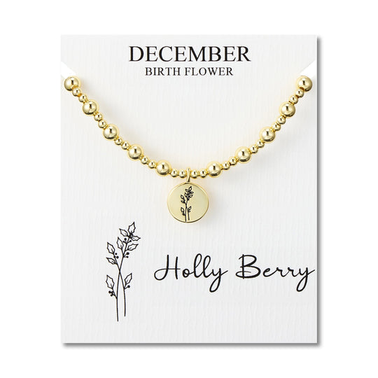 18k Gold Plated December Birth Flower Holly Berry Beaded Stretch Bracelet with Card