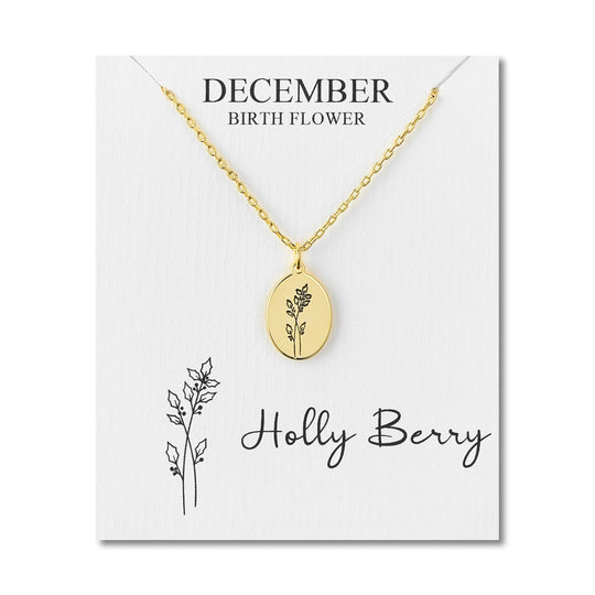 18k Gold Plated December Birth Flower Holly Berry Necklace with Card
