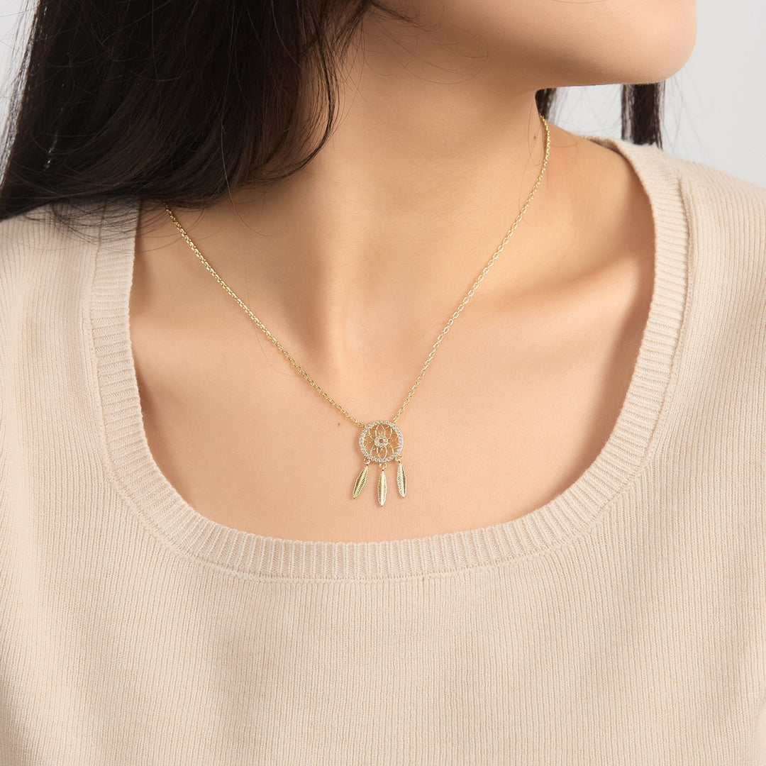 18k Gold Plated Dream Catcher Necklace Created with Zircondia® Crystals - Philip Jones Jewellery