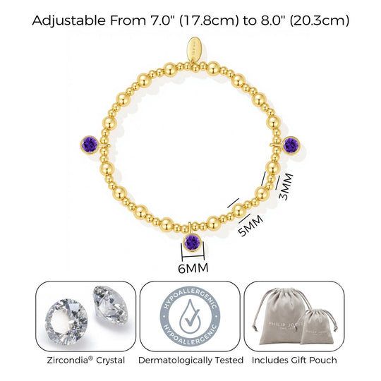18k Gold Plated February (Amethyst) Birthstone Stretch Charm Bracelet with Quote Card - Philip Jones Jewellery