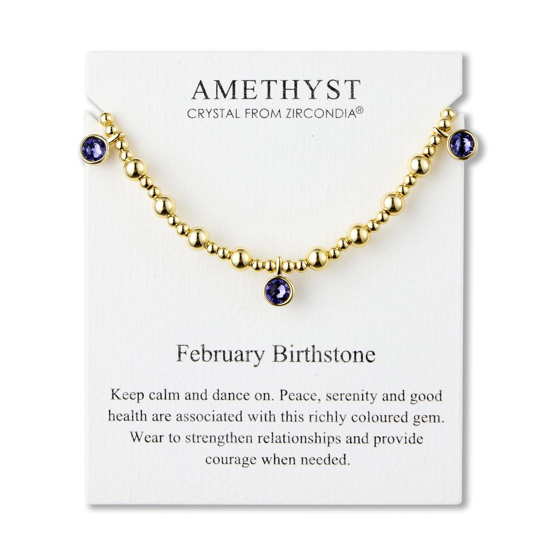 18k Gold Plated February (Amethyst) Birthstone Stretch Charm Bracelet with Quote Card - Philip Jones Jewellery