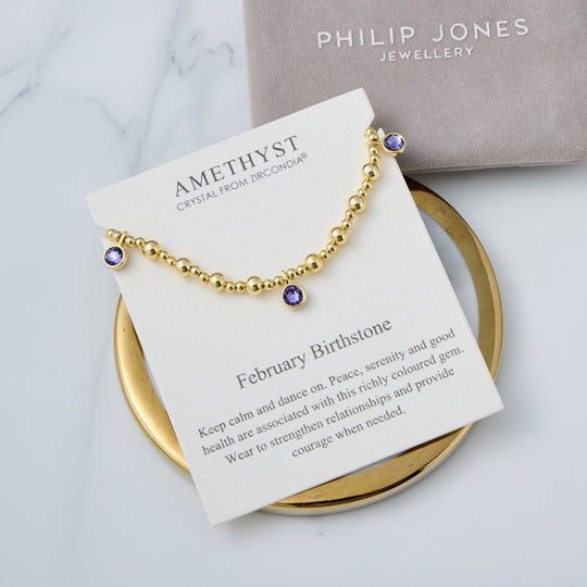 18k Gold Plated February (Amethyst) Birthstone Stretch Charm Bracelet with Quote Card - Philip Jones Jewellery