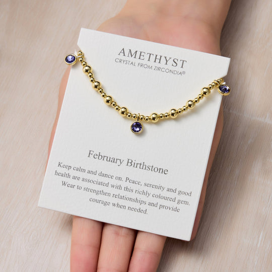 18k Gold Plated February (Amethyst) Birthstone Stretch Charm Bracelet with Quote Card - Philip Jones Jewellery