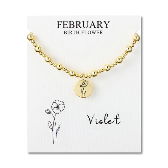 18k Gold Plated February Birth Flower Violet Beaded Stretch Bracelet with Card