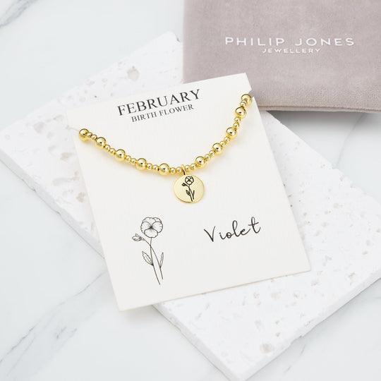 18k Gold Plated February Birth Flower Violet Beaded Stretch Bracelet with Card