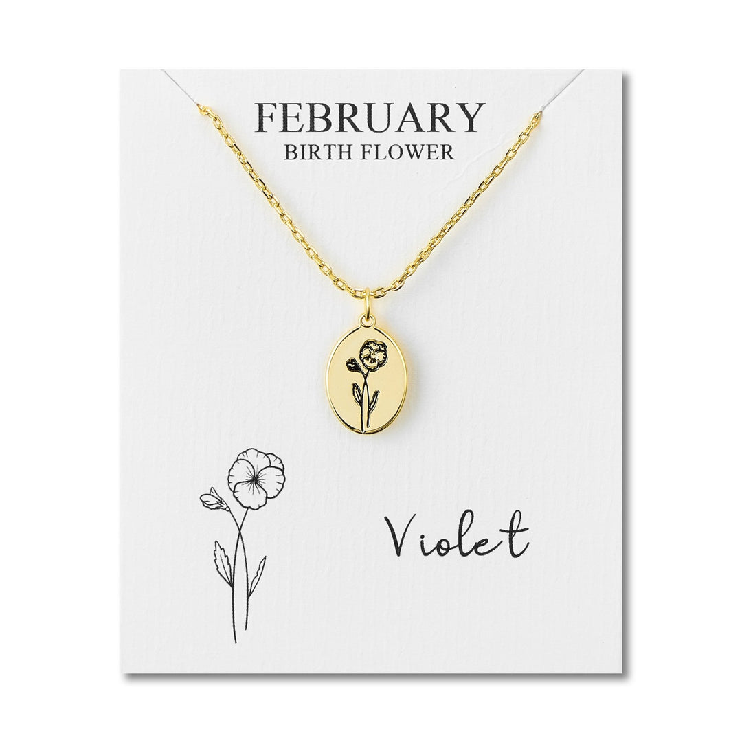 18k Gold Plated February Birth Flower Violet Necklace with Card - Philip Jones