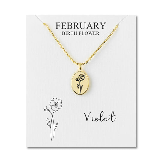 18k Gold Plated February Birth Flower Violet Necklace with Card - Philip Jones