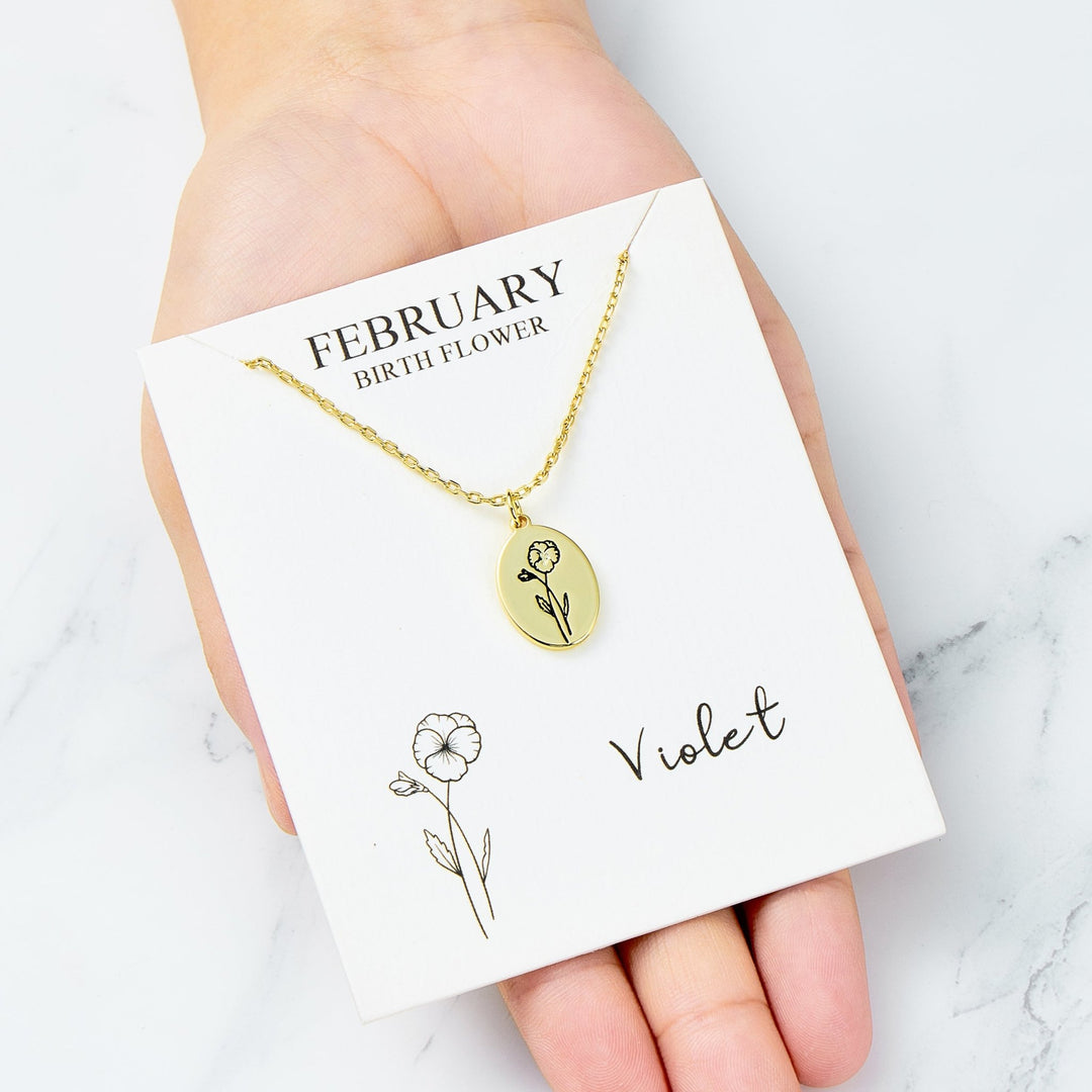 18k Gold Plated February Birth Flower Violet Necklace with Card