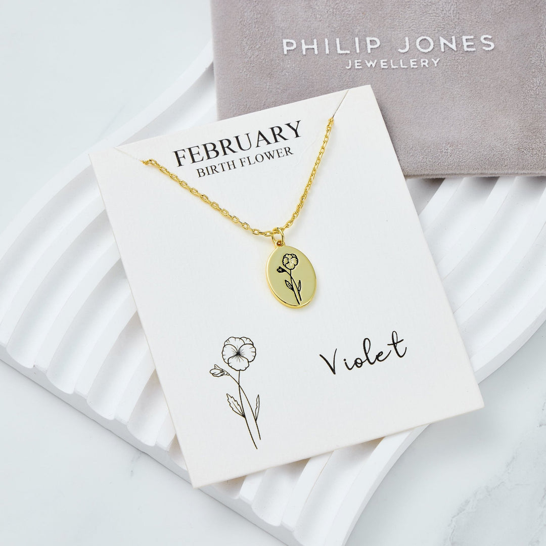 18k Gold Plated February Birth Flower Violet Necklace with Card