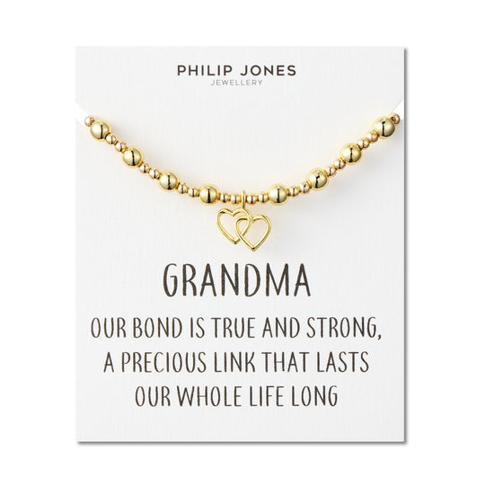 18k Gold Plated Grandma Heart Link Beaded Stretch Bracelet with Quote Card