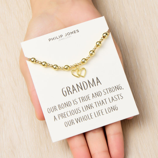 18k Gold Plated Grandma Heart Link Beaded Stretch Bracelet with Quote Card