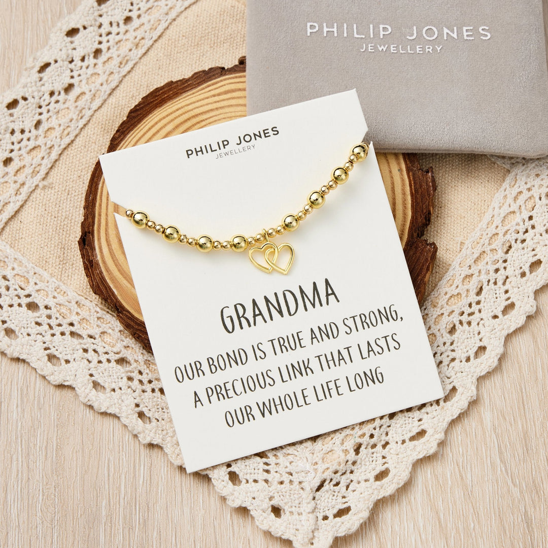 18k Gold Plated Grandma Heart Link Beaded Stretch Bracelet with Quote Card
