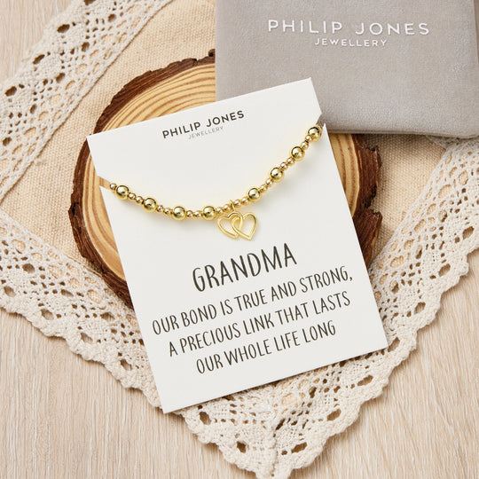 18k Gold Plated Grandma Heart Link Beaded Stretch Bracelet with Quote Card