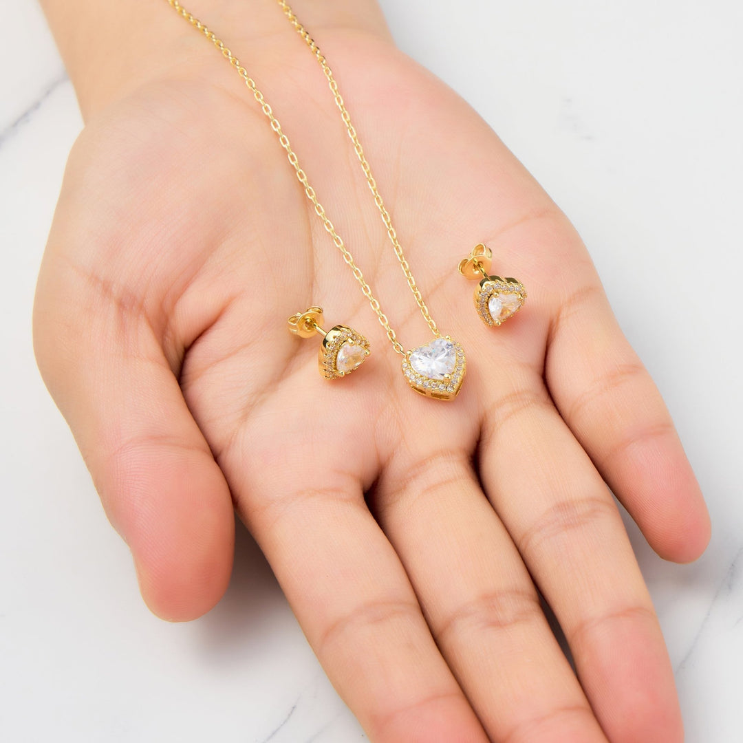 18k Gold Plated Heart Halo Set Created with Zircondia® Crystals