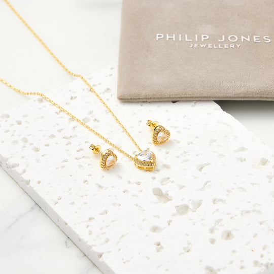 18k Gold Plated Heart Halo Set Created with Zircondia® Crystals