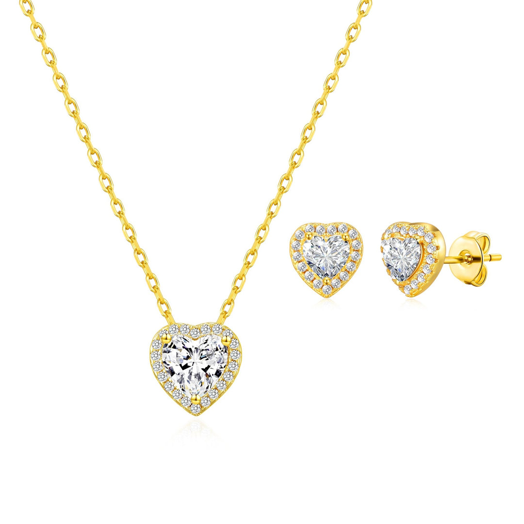 18k Gold Plated Heart Halo Set Created with Zircondia® Crystals - Philip Jones