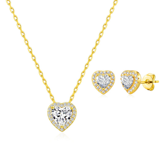 18k Gold Plated Heart Halo Set Created with Zircondia® Crystals - Philip Jones