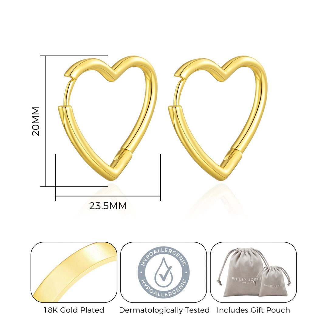 18k Gold Plated Heart Hoop Earrings - Philip Jones Jewellery