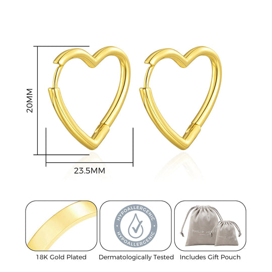 18k Gold Plated Heart Hoop Earrings - Philip Jones Jewellery