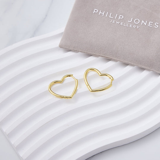 18k Gold Plated Heart Hoop Earrings - Philip Jones Jewellery