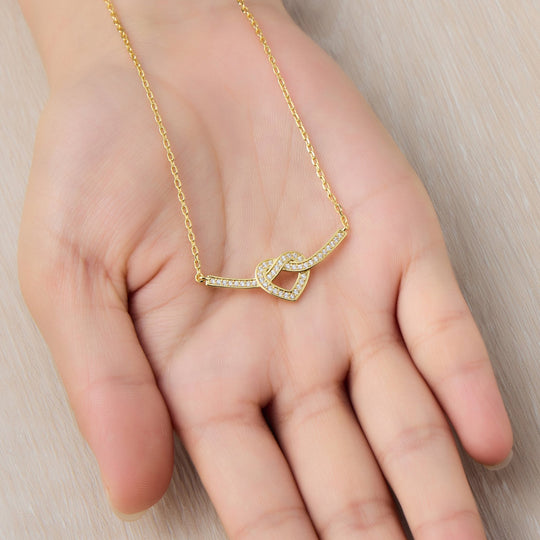 18k Gold Plated Heart Knot Necklace Created with Zircondia® Crystals - Philip Jones Jewellery