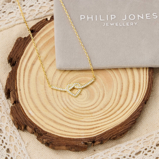 18k Gold Plated Heart Knot Necklace Created with Zircondia® Crystals - Philip Jones Jewellery