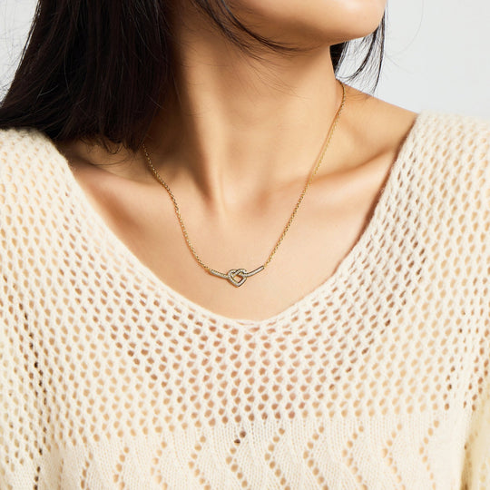 18k Gold Plated Heart Knot Necklace Created with Zircondia® Crystals - Philip Jones Jewellery