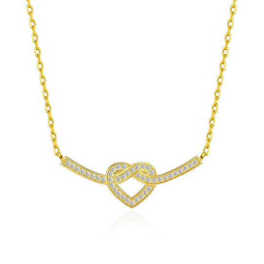 18k Gold Plated Heart Knot Necklace Created with Zircondia® Crystals - Philip Jones Jewellery