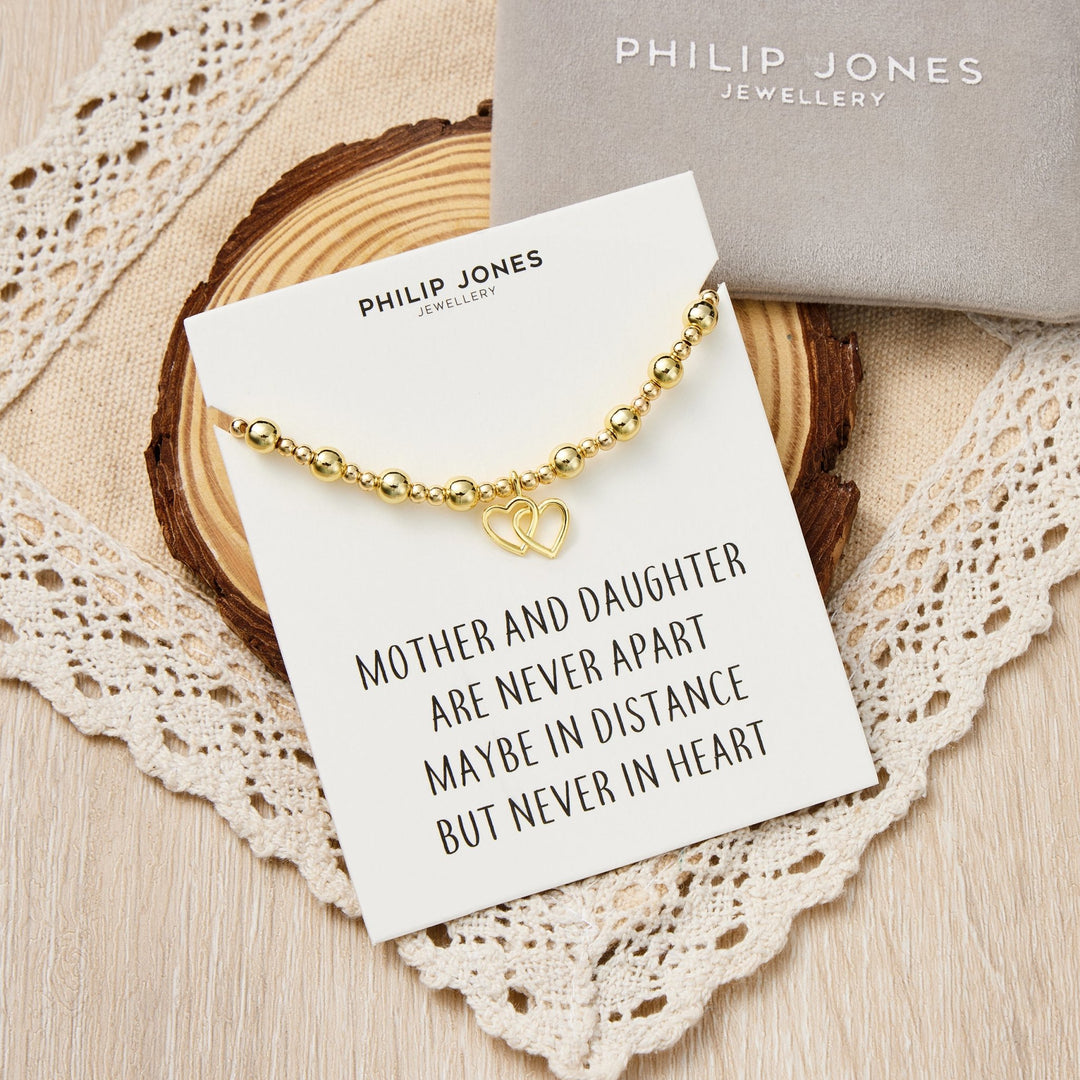 18k Gold plated Heart Link Beaded Stretch Mother and Daughter Bracelet with Quote Card