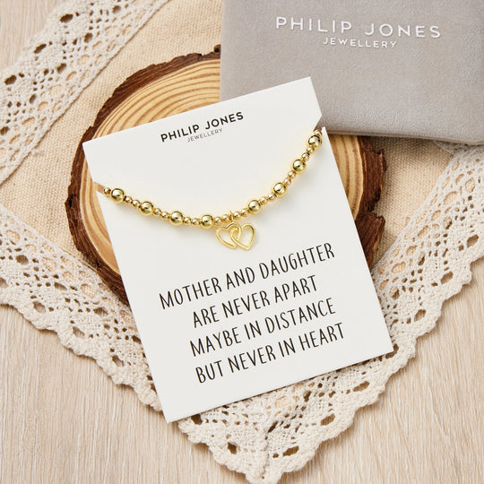 18k Gold plated Heart Link Beaded Stretch Mother and Daughter Bracelet with Quote Card