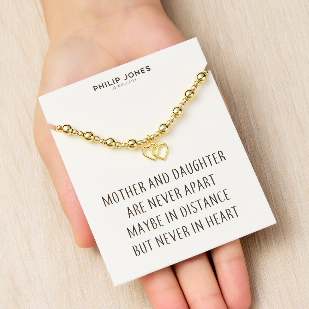18k Gold plated Heart Link Beaded Stretch Mother and Daughter Bracelet with Quote Card