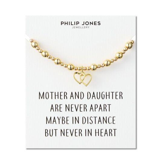18k Gold plated Heart Link Beaded Stretch Mother and Daughter Bracelet with Quote Card
