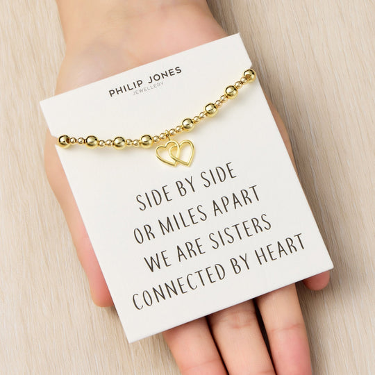 18k Gold Plated Heart Link Beaded Stretch Sister Bracelet with Quote Card