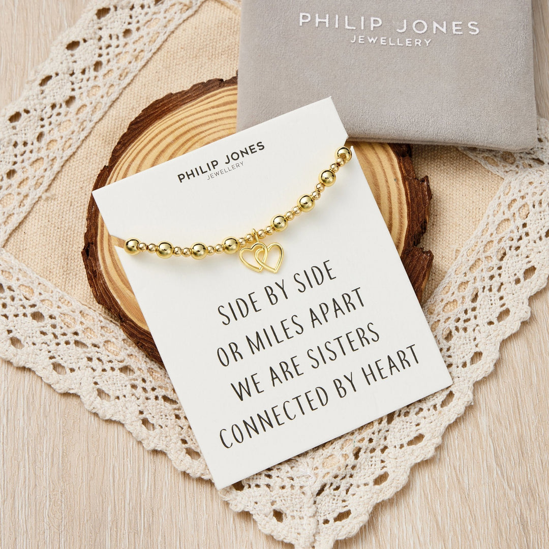 18k Gold Plated Heart Link Beaded Stretch Sister Bracelet with Quote Card
