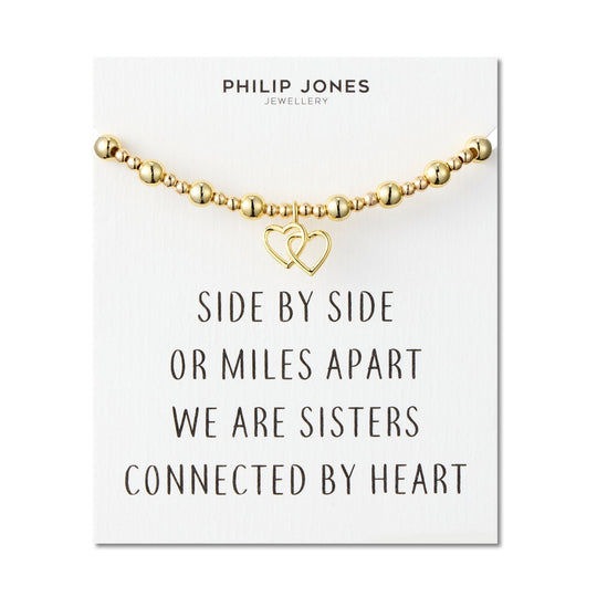 18k Gold Plated Heart Link Beaded Stretch Sister Bracelet with Quote Card