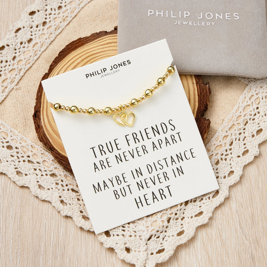 18k Gold Plated Heart Link Beaded Stretch True Friends Bracelet with Quote Card