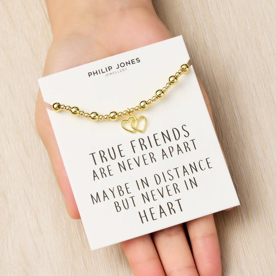 18k Gold Plated Heart Link Beaded Stretch True Friends Bracelet with Quote Card